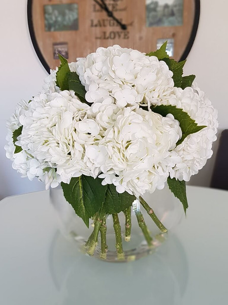 White Hydrangea  in fishbowl vase 1
