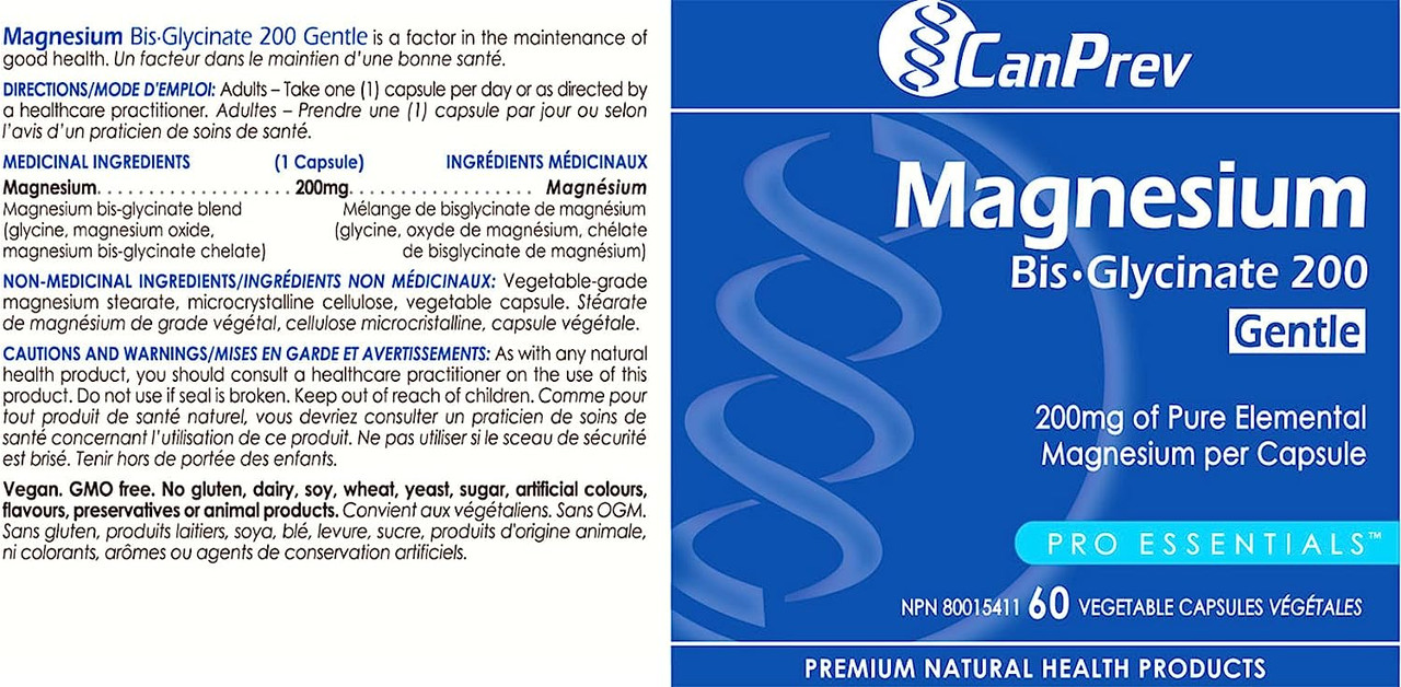 CanPrev Magnesium bisGlycinate 200 Gentle 240 caps Coresupplements.ca