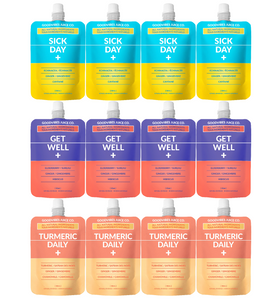 Goodvibes Juice Co. Mixer Pack 4 Get Well, 4 Turmeric Daily, 4 Sick Days (Pack of 12 x 50ml Pouches) Goodvibes Juice Co. Mixer Pack 4 Get Well, 4 Turmeric Daily, 4 Sick Days (Pack of 12 x 50ml Pouches)