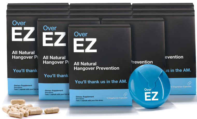 Hangover Over-Ez Pills preventative cure for hangovers Box of 6, 12 pill containers