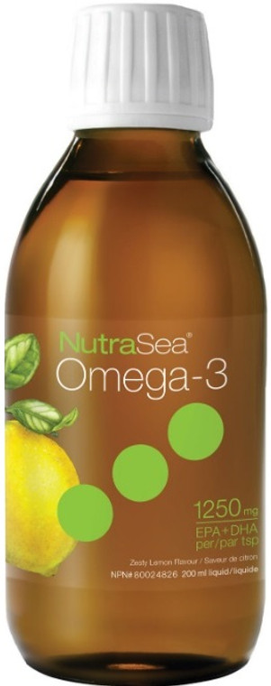 NutraSea Omega-3 200ml 1250mg EPA+DHA per serving available in lemon, mango, and chocolate