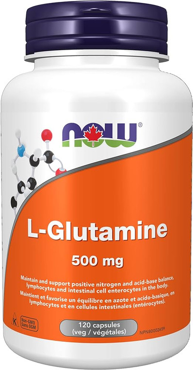 NOW L-glutamine capsules 120 cap bottle 500mg dose per pill veggie capsule