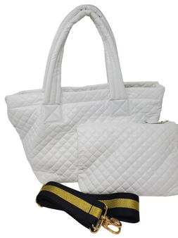 ClaraNY  White lightweight Comfortable Medium Quilted Tote with pouch and shoulder strap 