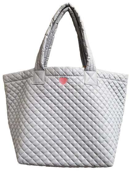 ClaraNY Love Heart Embroidery Light weight Quilted Tote with Pouch - Color Light Gray