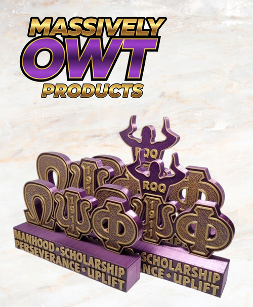 Massively OWT - "Omega Psi Phi" Desktop Old Gold Show Piece with 2 in or 2.5 in letters Hooks up or No Hooks.