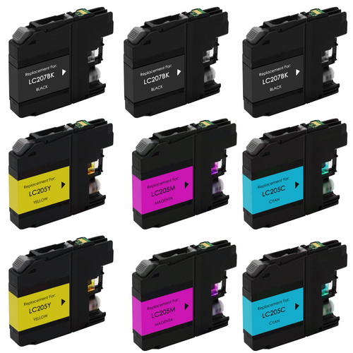 9 pack Brother LC207 extra high yield black and LC205 Color ink cartridges