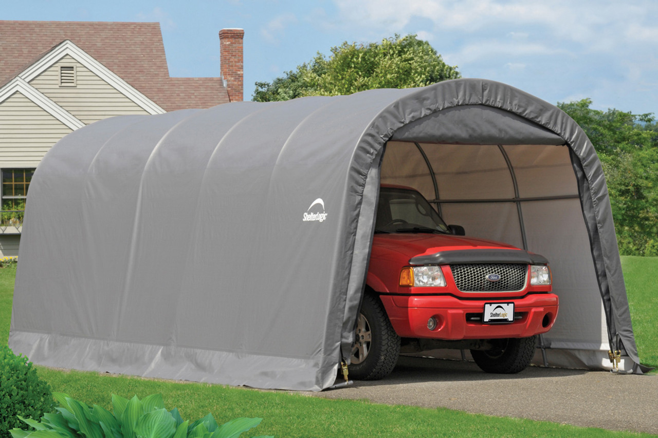 of Round 12x20x8 New Grey Shelters - a Garage Style Box in England