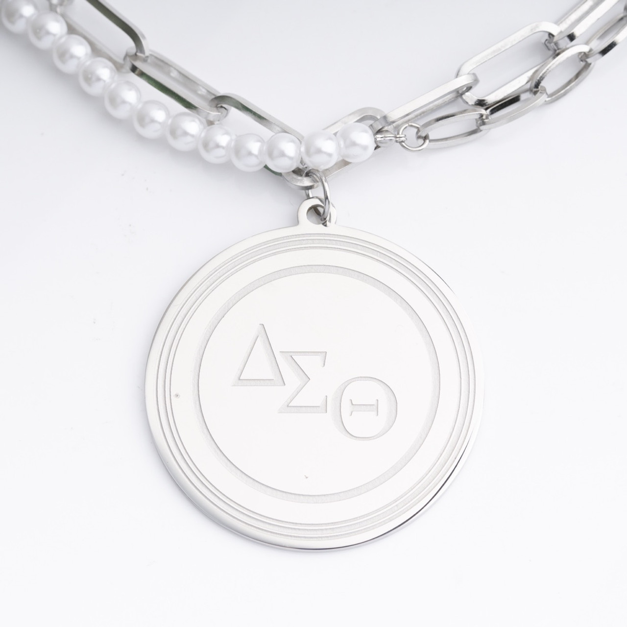 2-layer Pearls and Steel 18” Necklace- ENGRAVED Delta symbols - stainless  steel, silver medallion - stainless steel links- string of pearls