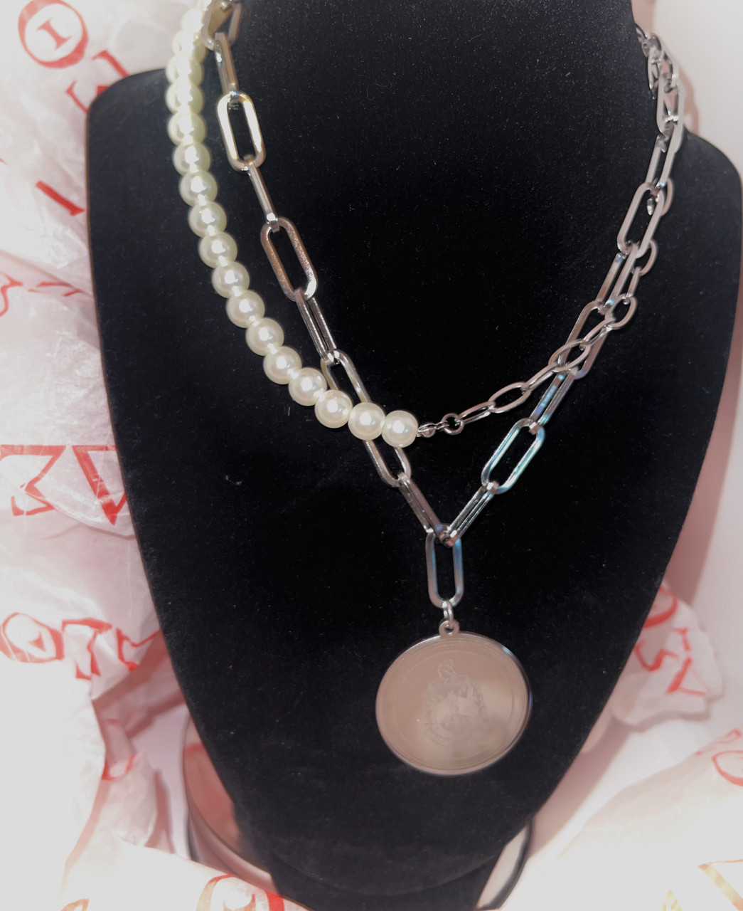 2-layer Pearls and Steel 18” Necklace- ENGRAVED Delta symbols - stainless  steel, silver medallion - stainless steel links- string of pearls