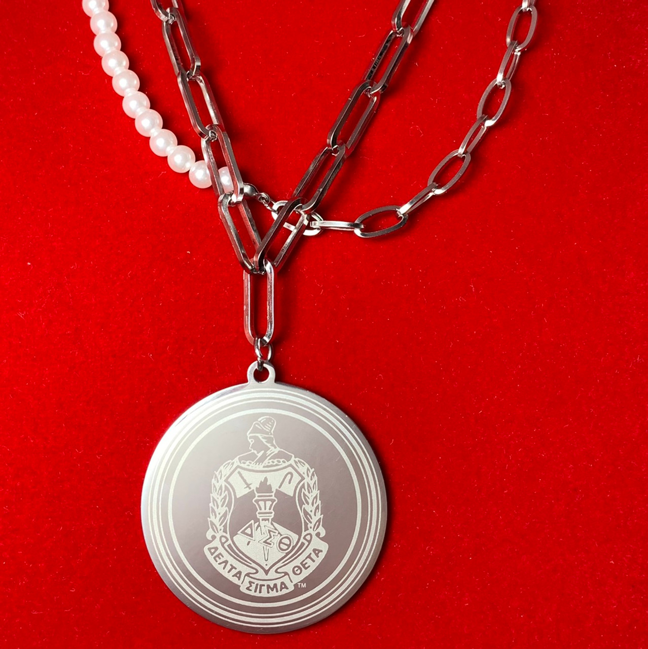 2-layer Pearls and Steel 18” Necklace- ENGRAVED Delta symbols - stainless  steel, silver medallion - stainless steel links- string of pearls