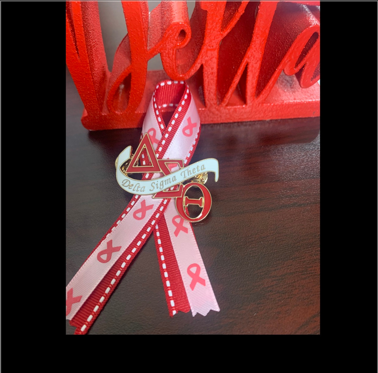 Red pin-striped and Pink Specialty BCA Ribbon - Delta Breast cancer  awareness pin - red and pink B C Awareness ribbon - Delta Sigma Theta pin 