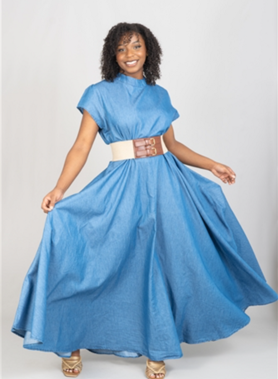 Denim Blue Belted Three-Quarter Sleeve Maxi Dress Vivian Seven