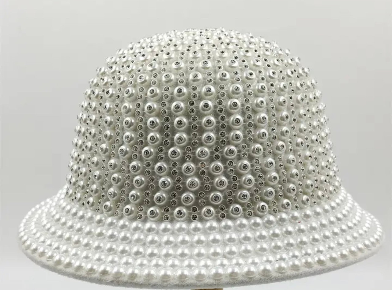 Pearl and Rhinestone Embellished Bride Bucket Hat