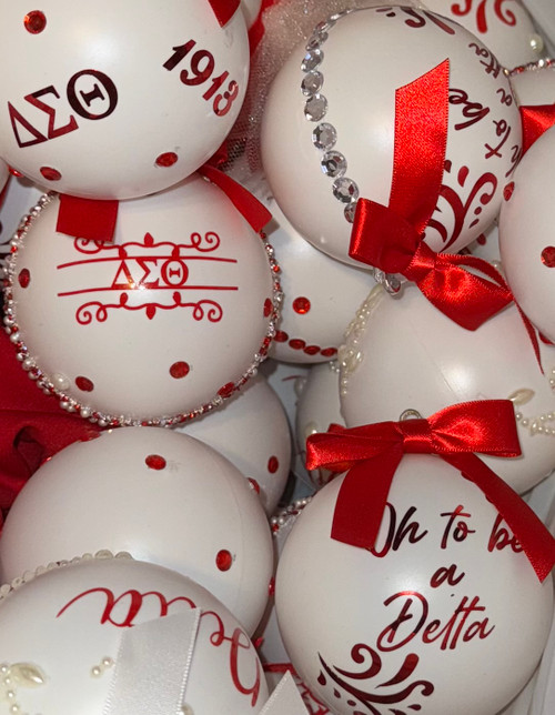 3" White  Delta  Designs Ornaments ***READ DESCRIPTION*** Set of  (4)  Delta Sigma Theta Ornaments - Delta Sigma Theta Holiday Trimmings - Delta Sigma Theta Christmas Ornaments - Delta Christmas Ornaments 