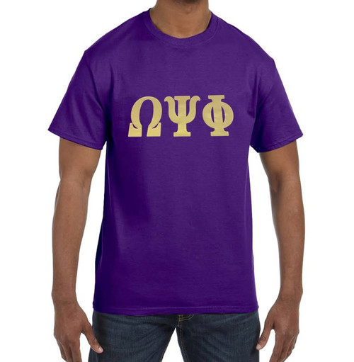 Omega T-Shirt Apparel - Metallic Gold Omega Symbols - Purple Omega T-Shirt - Omega Psi Phi Symbols on Purple T-Shirt