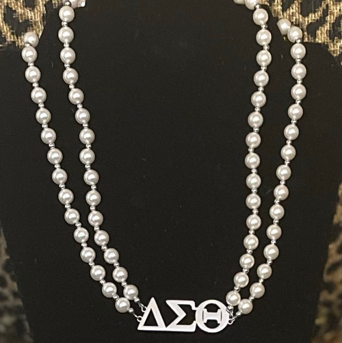 2-strand Pearls - Delta Sigma Theta Stainless Steel Pendant - DST Statement African Violet and Pearls  - 18" top quality Faux Pearls -Delta Symbols Pendant - Elegant Faux Pearl Necklace