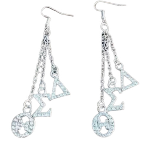  Tiered 3-Chain Link Delta Sigma Theta Earrings - Greek Symbols Stainless Steel Charm - Delta Symbols - Delta Pearls Earrings- Silver Tone - Delta Sigma Theta Symbols Necklace