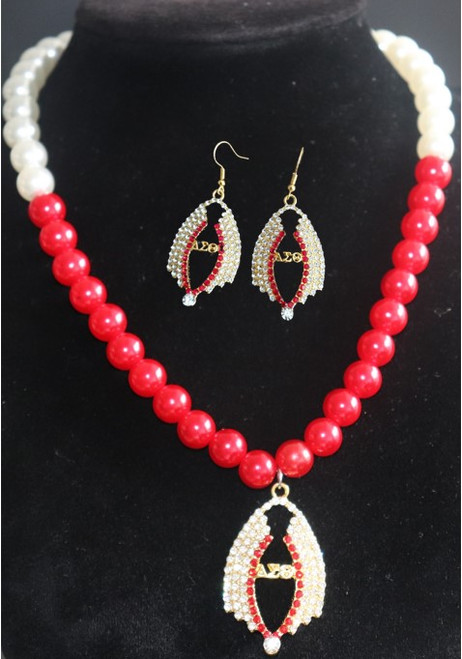 DISCONTINUED - NO REFUNDS OR EXCHANGES - Red and Cream Pearls and Earring Set - Elegant Set of Pearls with Rhinestones Charm in Center - Matching EarringsDelta Sigma Theta Symbols - 16" Faux Pearls Elegant Faux Pearl Necklace