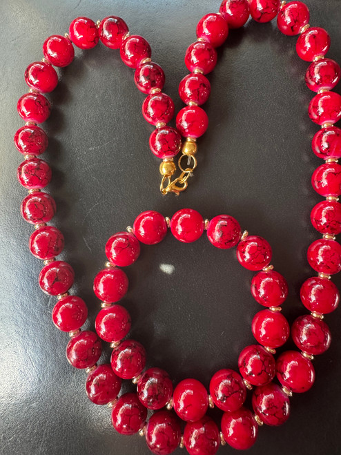2 pc Red Marble Ceramic Necklace and Bracelet Set - Beaded Bracelet - Gold tone  Accents - Delta Sigma Theta Symbols Charm - 8"  - 9" Stretch Bracelet - NO EARRINGS - Bracelet and Necklace 2 pc Red Marble Ceramic Necklace and Bracelet Set - Beaded Bracelet - Gold tone  Accents - Delta Sigma Theta Symbols Charm - 8"  - 9" Stretch Bracelet - NO EARRINGS - Bracelet and Necklace