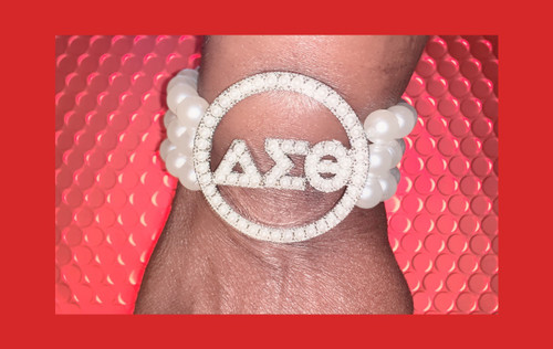 DISCONTINUING - NO REFUNDS OR EXCHANGES -Triple- strand of pearls bracelet - Delta Sigma Theta Symbols - Circular Pearls Design Centered -Faux Pearls - Elegant Faux Pearl Bracelet