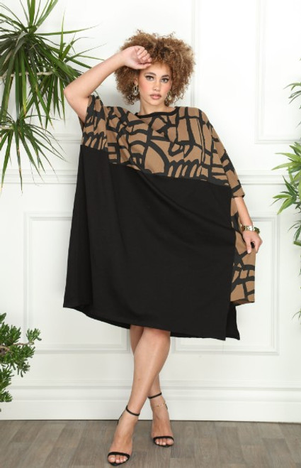 Poncho Dress - One Size - Poncho Geo Color Block Black Dress - Chic Geometric Patterns Poncho Dress - Geo Pattern Prints Oversized Dress - ONE SIZE -Geo Blocks and Black - Geo Color Block Black Combo Poncho Dress