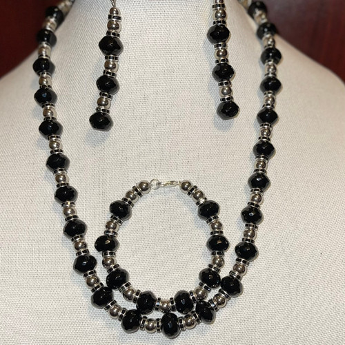 3 pc Black Pearl and Crystal  Necklace, Bracelet, Earrings Set - Beaded Bracelet - Matching earrings Silver Accents - 8"  - 9" Stretch Bracelet - Stylish Bracelet