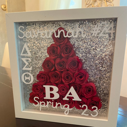 Customized Shadow Box - CUSTOMIZED AS SHOWN - RED ROSES DELTA-SHAPED - Delta Sigma Theta Shadow Box Design - Delta Keepsake- Personalized Shadow Box 