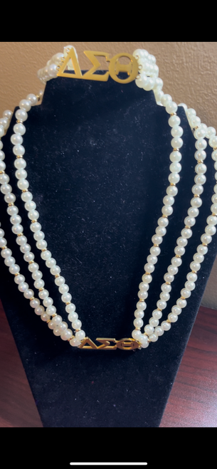  3-strand Pearls  NECKLACE ONLY - Delta Sigma Theta Stainless Steel Pendant - Gold tone - DST Statement - GOLD SPACERS -  18" top quality Faux Pearls -Delta Symbols Pendant - Elegant Faux Pearl Necklace