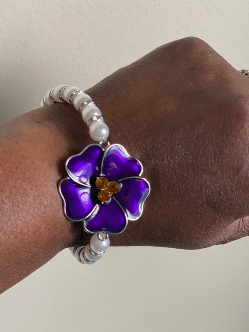  PHASE 1 - African Violet Brooch Bracelet-  Single Strand Delta Cream Pearls - African Violet Bracelet- Delta Symbols - Crystal Spacers - Cream Pearls - Pearl and African Violet  Bracelet