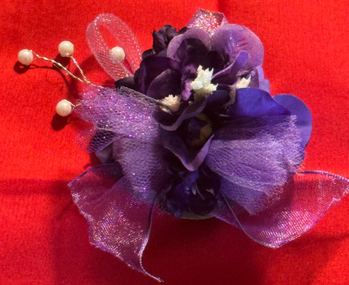 THE COLLEGIATE - Delta “mini” - 4" African violet corsage - NO Stem - COLLEGIATE - African violet florals- Approx. 3.5" - 4" in size - DESIGNS WILL VARY - Ribbon and Tulle will vary - corsage for Deltas - African violets