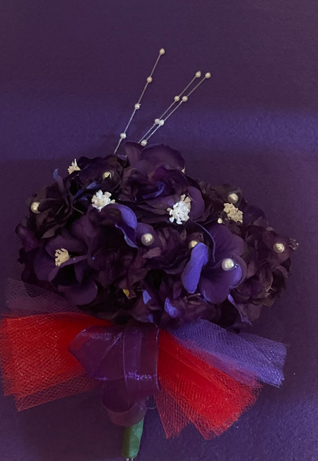 African Violets Corsage  - VERONICA 2 bouquet corsage - Purple and Red Ribbon and Tulle  - DESIGNS WILL VARY - Delta Sigma Theta  Corsage - African Violet -Pearls Corsage - African Violet Cluster - Delta Sigma Theta African Violet Dress Corsage