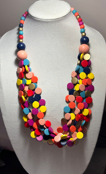 Multi-Color  Wooden Disc Necklace - 22” strand necklace - Matching red wooden disc (circle)  earrings - Multi-Color Wooden Discs -  Matching Earrings Included - Elegant  Necklace Multi-Color  Wooden Disc Necklace - 22” strand necklace - Matching red wooden disc (circle)  earrings - Multi-Color Wooden Discs -  Matching Earrings Included - Elegant  Necklace