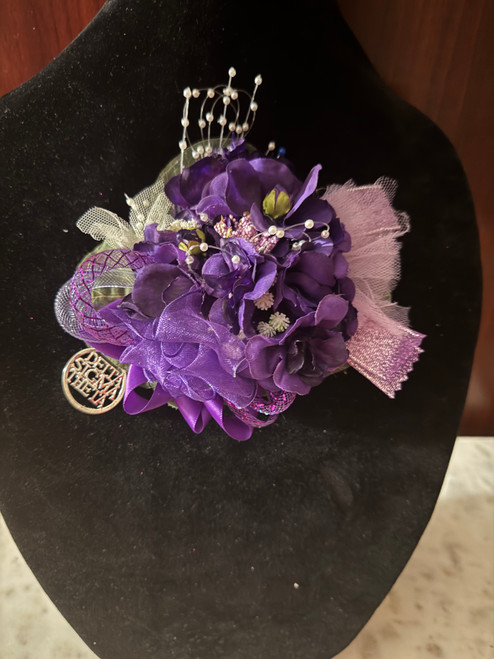 3 Leaf  African Violet Corsage - Silver Rhinestone Delta Pendant - purple ribbon - DESIGNS WILL VARY - Marzella - violet corsage - African violet corsage