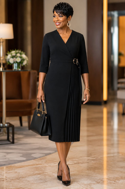 Black Sheath Dress - Side Pleats -  V Neck - Wrap/Belted  - PLEASE READ SIZE CHART -Black Sheath Dress Dressy Dress - Dress Attire - Black Dress