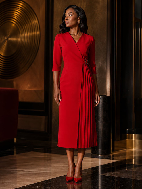 Red Sheath Dress - Side Pleats -  V Neck - Wrap/Belted  - PLEASE READ SIZE CHART - Red Sheath Dress Dressy Dress - Dress Attire - Red Dress