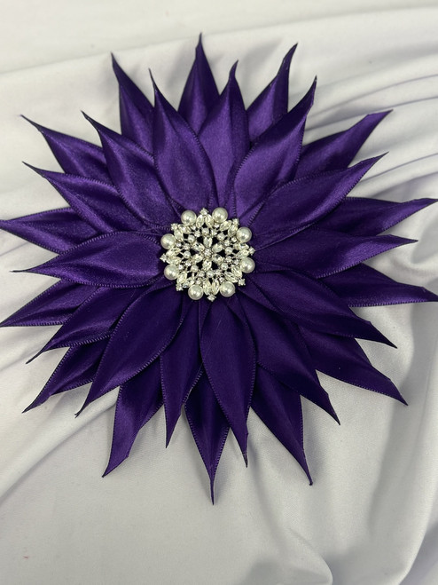 Purple Starlight Ribbon Corsage - ELLISHARENEE2 - Pearl Cluster Brooch Center - purple satin  ribbon -  Dress Pin