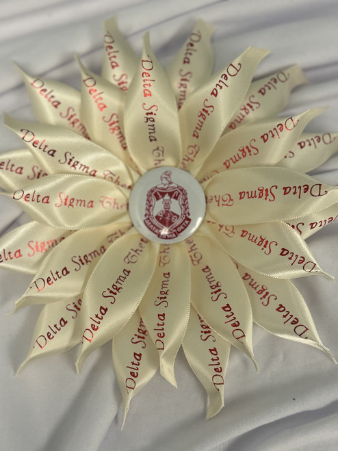 Cream Starlight Ribbon Corsage -RED AND WHITE DELTA CREST - Delta Sigma Theta text - ELLISHA39 -  SPECIALTY PRINTED RIBBON -DELTA CREST CENTER -  Sorority printed Satin Ribbon - Delta Sigma Theta  Dress Pin