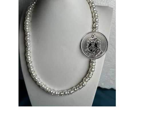  Delta Crest medallion pearl necklace  - NECKLACE ONLY - Embossed Delta Crest symbols pearl necklace - 22" Pearl necklace - Delta symbols  in pearl necklace -  NO EARRINGS - Circular medallion pearls design 