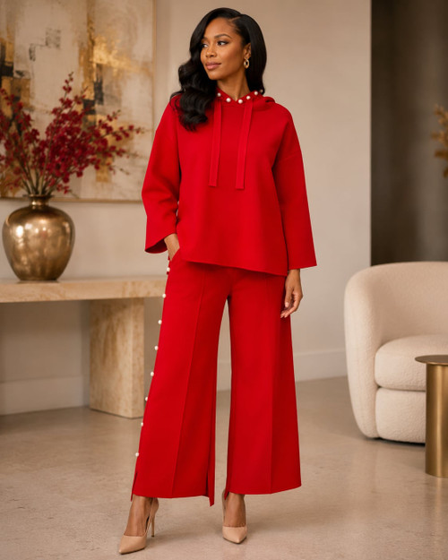 Red PEARLED LEG PANT SET  - PEARLED HOODIE TOP - SIDE LEG PEARLS - PEARLED HOODIE - FULL FIT - PEARL PANT SET