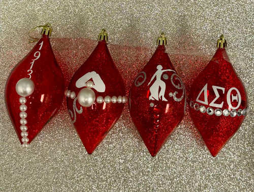 Tear Drop Shaped Delta Sigma Theta Ornaments - set of 4 - DESIGNS AND EMBELLISHMENTS WILL VARY - Clear Acrylic Delta Sigma Theta Holiday Trimmings - Delta Sigma Theta Christmas Ornaments- Pearls and Trimmings - Delta Symbols Ornaments