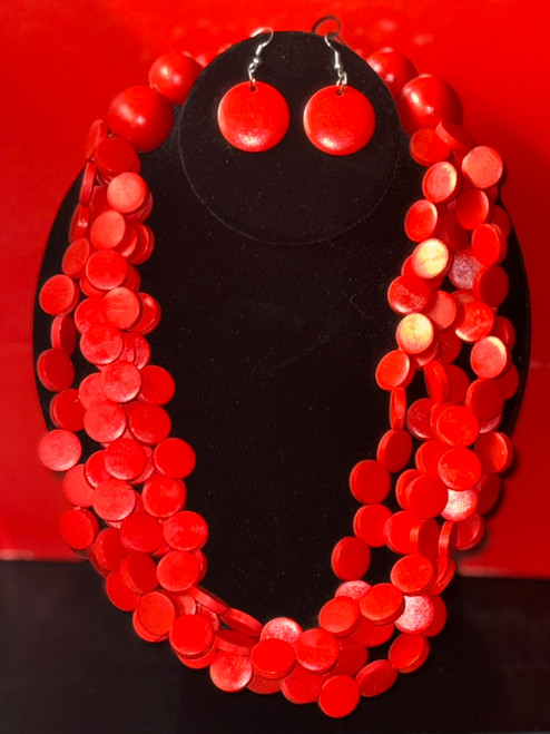 Red Wooden Disc Necklace - 22” strand necklace - Matching red wooden disc (circle)  earrings - Multi-Color Wooden Discs -  Matching Earrings Included - Elegant Necklace Red Wooden Disc Necklace - 22” strand necklace - Matching red wooden disc (circle)  earrings - Multi-Color Wooden Discs -  Matching Earrings Included - Elegant Necklace