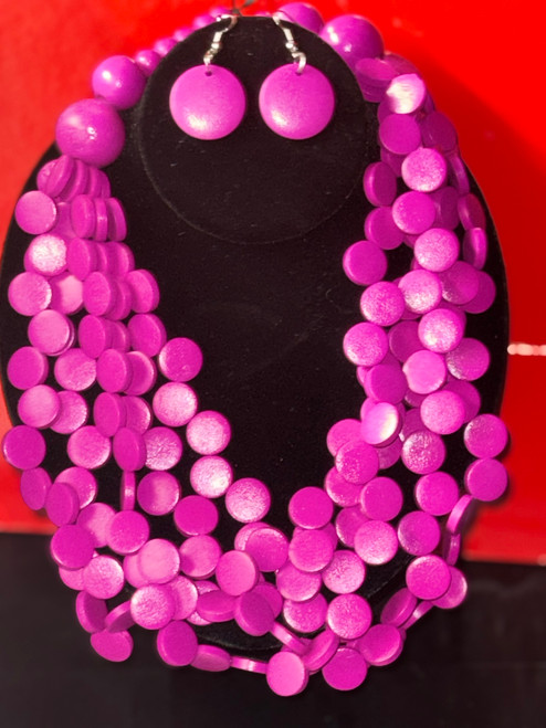 Fuschia Pink Wooden Disc Necklace - 22” strand necklace - Matching wooden disc (circle)  earrings - Multi-Color Wooden Discs -  Matching Earrings Included - Necklace Fuschia Pink Wooden Disc Necklace - 22” strand necklace - Matching wooden disc (circle)  earrings - Multi-Color Wooden Discs -  Matching Earrings Included - Necklace