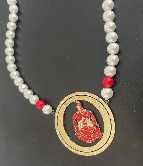 Delta Sigma Theta Pearled Medallion Necklace and Earrings - 22 pearls -THE REGAL MEDALLION - - 14K Gold Plated - Stainless Steel - Pearled Delta Sigma Theta Crest Delta Sigma Theta Pearled Medallion Necklace and Earrings - 22 pearls -THE REGAL MEDALLION - - 14K Gold Plated - Stainless Steel - Pearled Delta Sigma Theta Crest