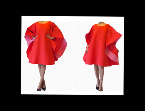 Red Wing Dress - Wrap included- Flowy ALine Dress- Batwing Sleeves  - Silk Look - Silk look - One Size Fits up to 2X - Waist Tie Included