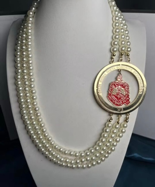 Delta Sigma Theta Pearled Medallion Necklace and Earrings - 3-strands of cream pearls- -THE REGAL-CLASSIC - Pearled Delta Sigma Theta Crest Delta Sigma Theta Pearled Medallion Necklace and Earrings - 3-strands of cream pearls- -THE REGAL-CLASSIC - Pearled Delta Sigma Theta Crest