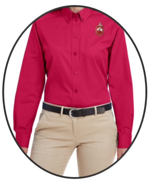 Delta Sigma Theta Crest Embroidered Oxford Blouse - Structured Collar - Button-down Blouse - Red - Classic Oxford Button Front Blouse - Oxford Blouse