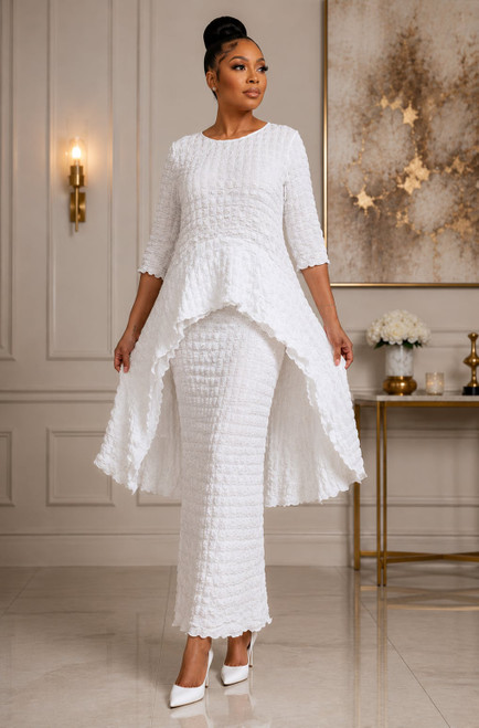 White Popcorn Textured Dressy Skirt set -  White - Popcorn Textured Skirtset - 2 pc - Peplum Flare top -