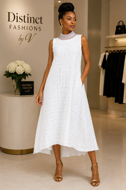 White Midi Dress - Popcorn Textured - ROUNDED COLLAR - Sleeveless - Elegant Style - Midi  - A Line Dress - Flared, Flowy Dress