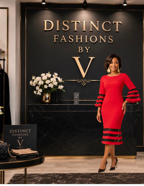 Red Sheath Dress- Bell Sleeves - Black Bordered Sleeves - Black Bordered Hem  - SIZE 18 MISSES ONLY