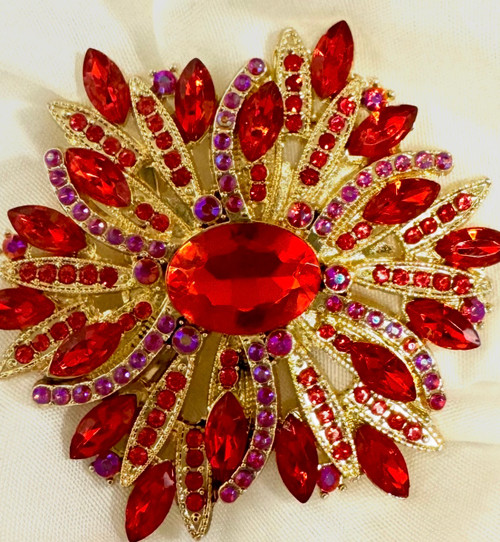 Red Jeweled brooch -Hot pink accent stones - REGAL BROOCH - Colored jewels and stones  - Dress brooch - Sparks of Hot Pink - Hat Brooch -  Mixed Size Jewels